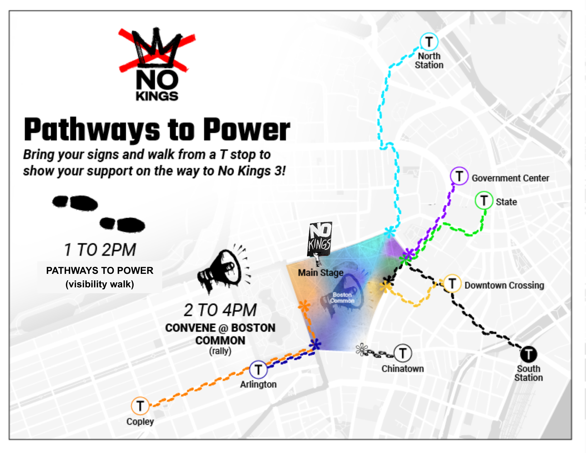 Pathways to Map of Pathways to Power. Bring your signs and walk from a T stop to show your support on the way to No Kings 3 from 1 to 2 PM. Suggested routes are from North, Government Center, State, Downtown Crossing, Chinatown, South, Arlington, and Copley Stations. image